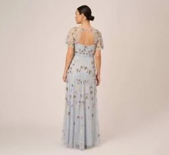 Adrianna Papell Floral Hand Beaded Illusion Long A-Line Gown In Glacier -Adrianna Papell Shop AP1E210441 AF482 Regular Back