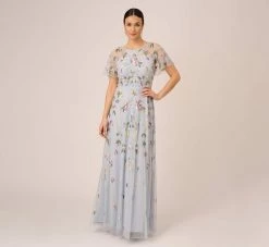 Adrianna Papell Floral Hand Beaded Illusion Long A-Line Gown In Glacier