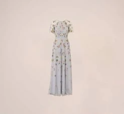 Adrianna Papell Floral Hand Beaded Illusion Long A-Line Gown In Glacier -Adrianna Papell Shop AP1E210441 AF482 Regular Flat