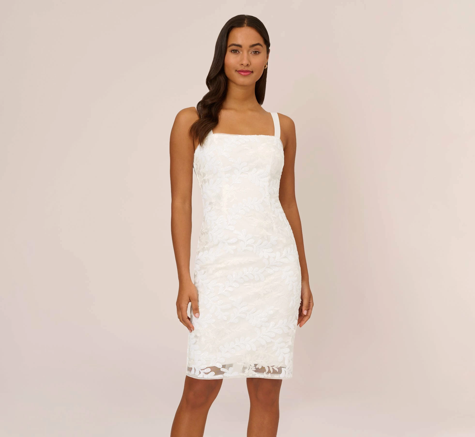 Adrianna Papell Sequin Embroidered Sheath Dress With Grosgrain Straps In Ivory 1 Adrianna Papell Sequin Embroidered Sheath Dress With Grosgrain Straps In Ivory