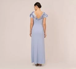Adrianna Papell Short Sleeve Crepe Gown With Sheer Sequin Floral Neckline In Blue Breeze -Adrianna Papell Shop AP1E210482 AD497 Regular Back