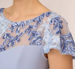 Adrianna Papell Short Sleeve Crepe Gown With Sheer Sequin Floral Neckline In Blue Breeze -Adrianna Papell Shop AP1E210482 AD497 Regular Detail