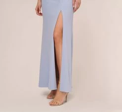 Adrianna Papell Short Sleeve Crepe Gown With Sheer Sequin Floral Neckline In Blue Breeze -Adrianna Papell Shop AP1E210482 AD497 Regular Lifestyle