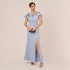 Adrianna Papell Short Sleeve Crepe Gown With Sheer Sequin Floral Neckline In Blue Breeze