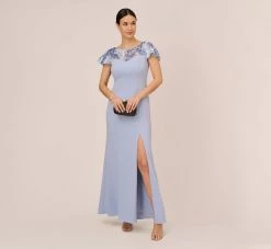 Adrianna Papell Short Sleeve Crepe Gown With Sheer Sequin Floral Neckline In Blue Breeze
