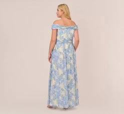 Adrianna Papell Plus Size Watercolor Floral Print Gown With Off The Shoulder Neckline In Blue Multi 8 Adrianna Papell Plus Size Watercolor Floral Print Gown With Off The Shoulder Neckline In Blue Multi -Adrianna Papell Shop AP1E210484 AA461 Plus Back