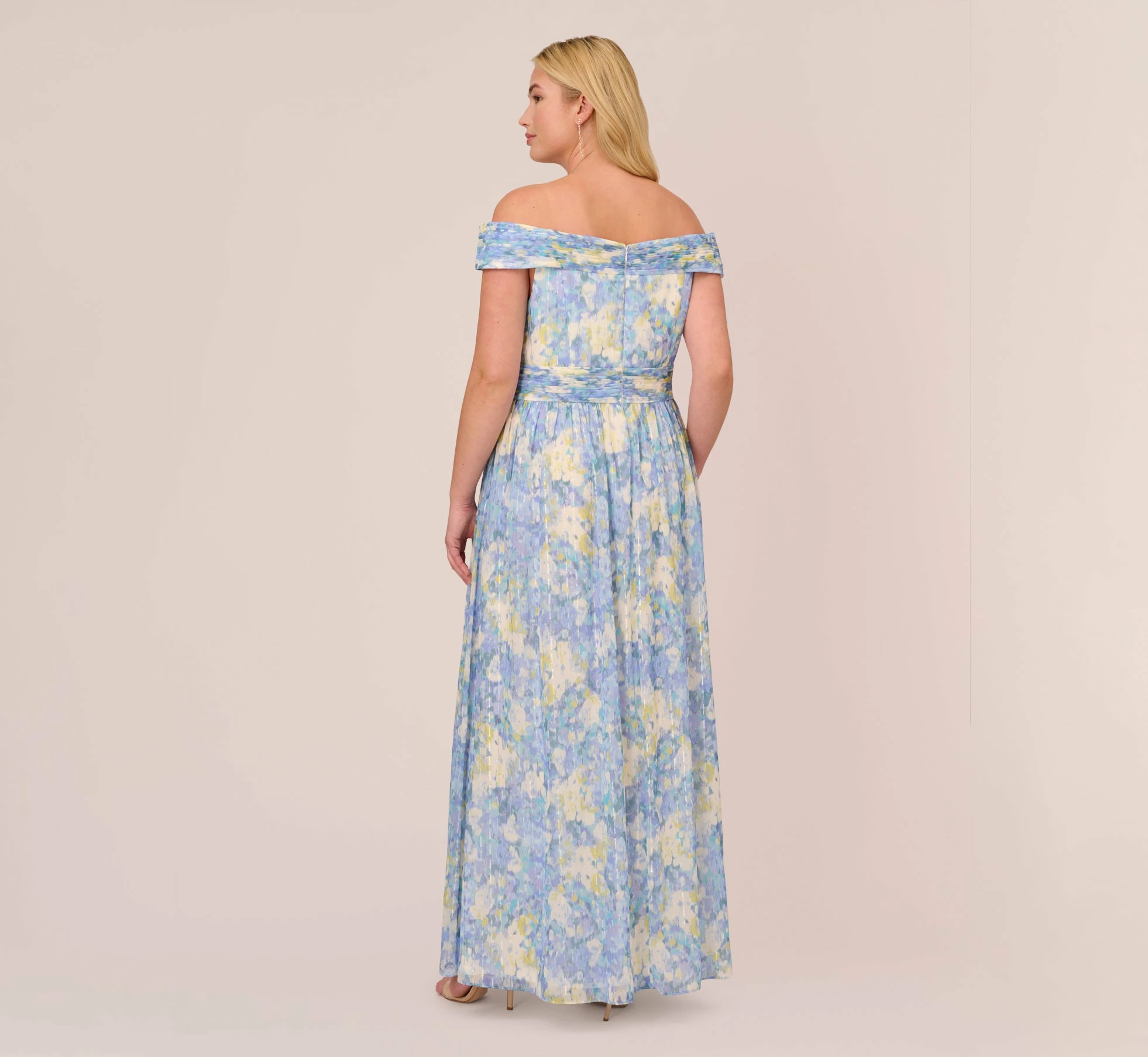 Adrianna Papell Plus Size Watercolor Floral Print Gown With Off The Shoulder Neckline In Blue Multi 3 Adrianna Papell Plus Size Watercolor Floral Print Gown With Off The Shoulder Neckline In Blue Multi - Image 3