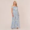 Adrianna Papell Plus Size Watercolor Floral Print Gown With Off The Shoulder Neckline In Blue Multi