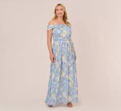 Adrianna Papell Plus Size Watercolor Floral Print Gown With Off The Shoulder Neckline In Blue Multi