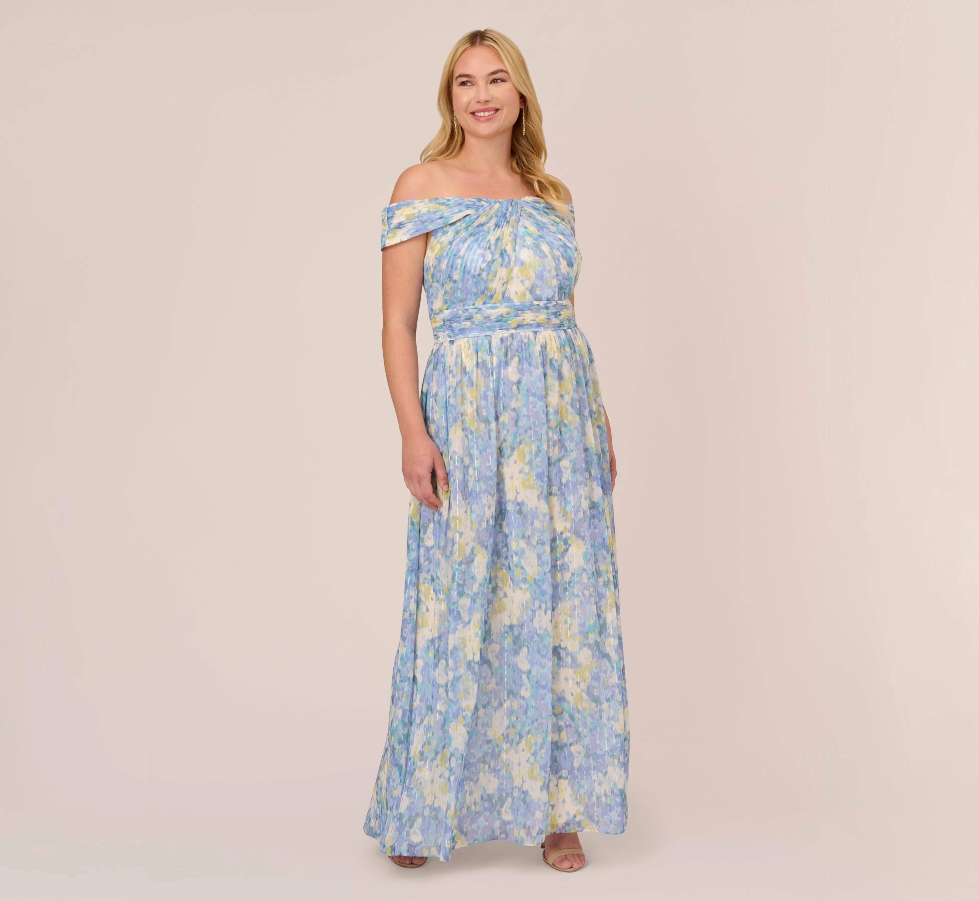 Adrianna Papell Plus Size Watercolor Floral Print Gown With Off The Shoulder Neckline In Blue Multi 1 Adrianna Papell Plus Size Watercolor Floral Print Gown With Off The Shoulder Neckline In Blue Multi