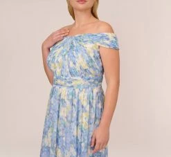 Adrianna Papell Plus Size Watercolor Floral Print Gown With Off The Shoulder Neckline In Blue Multi 10 Adrianna Papell Plus Size Watercolor Floral Print Gown With Off The Shoulder Neckline In Blue Multi -Adrianna Papell Shop AP1E210484 AA461 Plus Detail