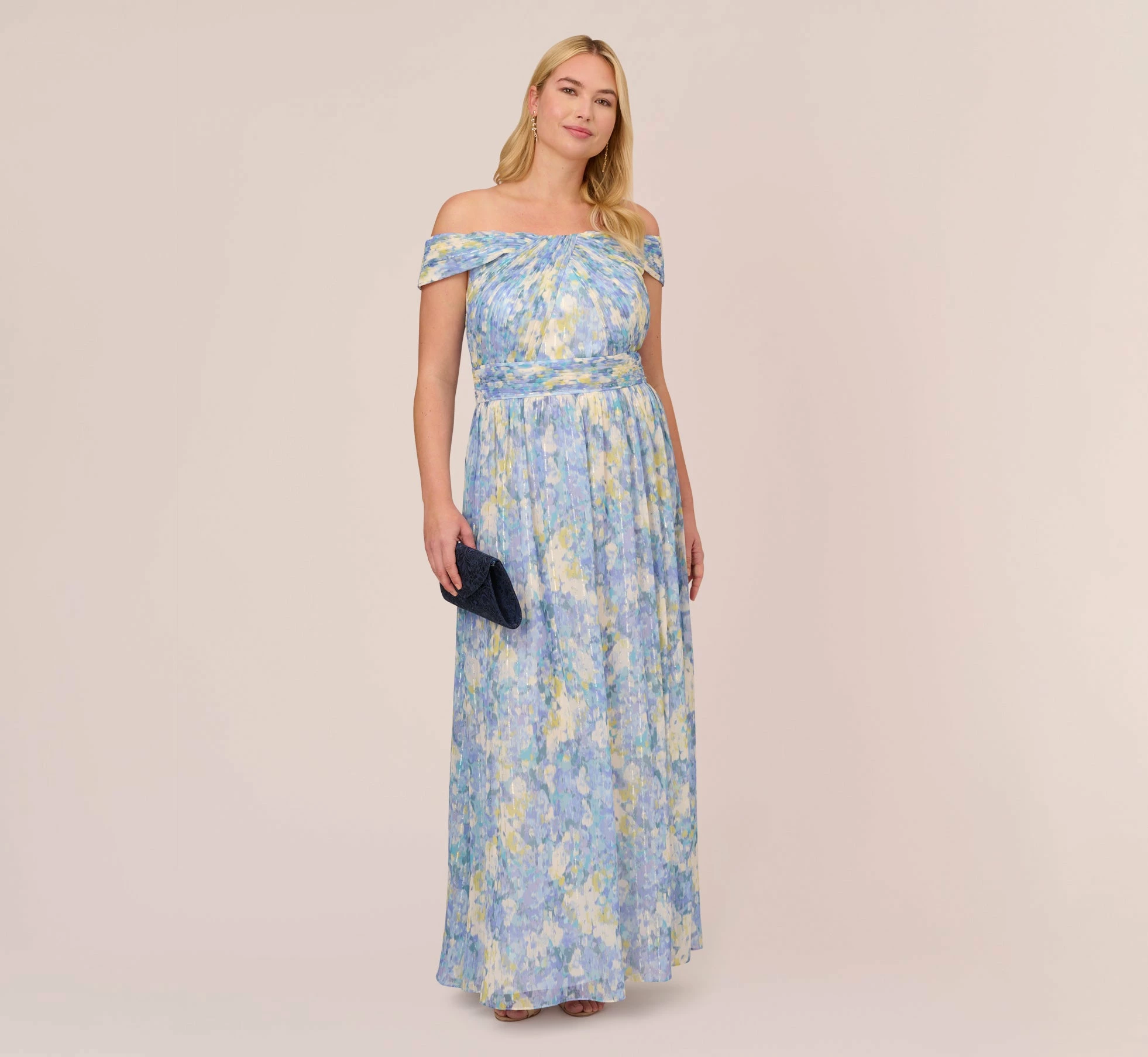 Adrianna Papell Plus Size Watercolor Floral Print Gown With Off The Shoulder Neckline In Blue Multi 2 Adrianna Papell Plus Size Watercolor Floral Print Gown With Off The Shoulder Neckline In Blue Multi - Image 2
