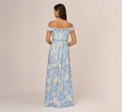 Adrianna Papell Watercolor Floral Print Gown With Off The Shoulder Neckline In Blue Multi -Adrianna Papell Shop AP1E210484 AA461 Regular Back