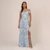 Adrianna Papell Watercolor Floral Print Gown With Off The Shoulder Neckline In Blue Multi