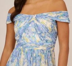 Adrianna Papell Watercolor Floral Print Gown With Off The Shoulder Neckline In Blue Multi -Adrianna Papell Shop AP1E210484 AA461 Regular Detail