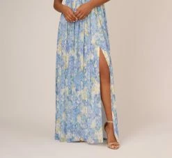 Adrianna Papell Watercolor Floral Print Gown With Off The Shoulder Neckline In Blue Multi -Adrianna Papell Shop AP1E210484 AA461 Regular Lifestyle