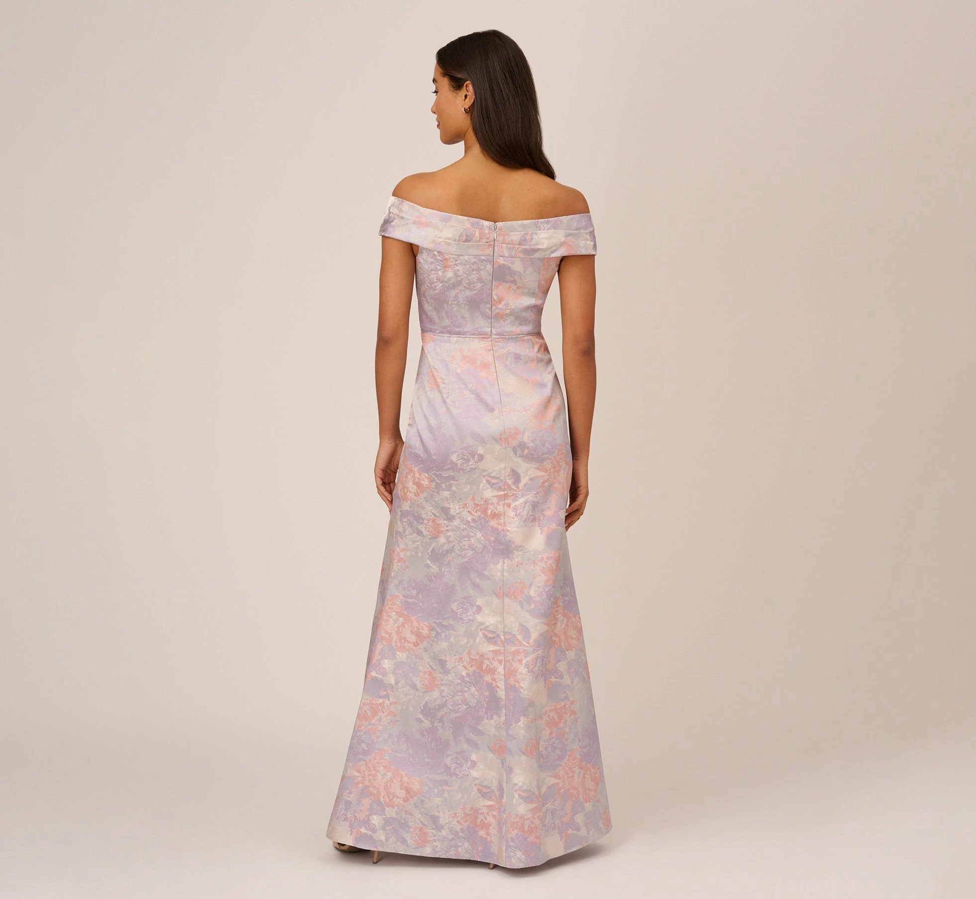 Adrianna Papell Metallic Floral Print Jacquard Gown With Off The Shoulder Neckline In Peri Multi 3 Adrianna Papell Metallic Floral Print Jacquard Gown With Off The Shoulder Neckline In Peri Multi - Image 3