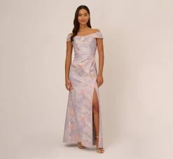 Adrianna Papell Metallic Floral Print Jacquard Gown With Off The Shoulder Neckline In Peri Multi