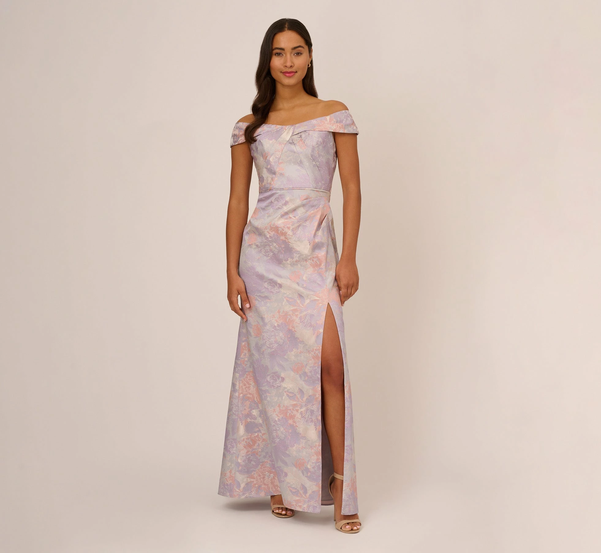 Adrianna Papell Metallic Floral Print Jacquard Gown With Off The Shoulder Neckline In Peri Multi 1 Adrianna Papell Metallic Floral Print Jacquard Gown With Off The Shoulder Neckline In Peri Multi
