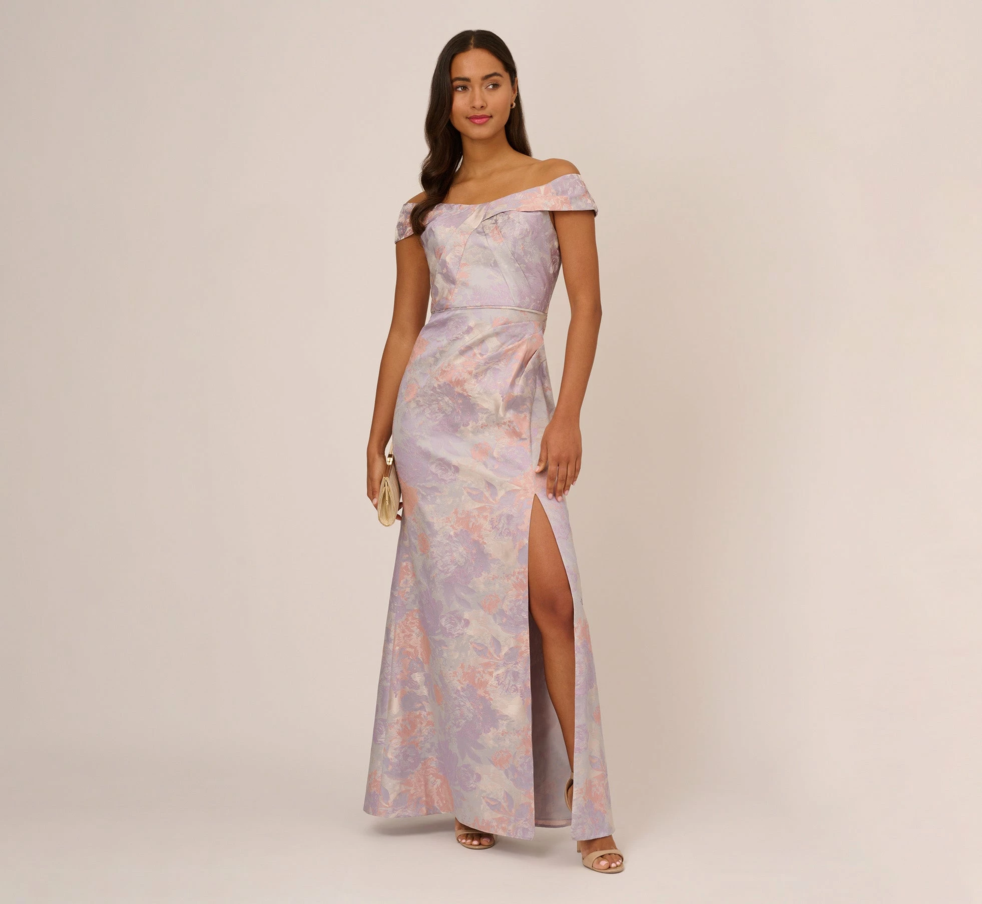 Adrianna Papell Metallic Floral Print Jacquard Gown With Off The Shoulder Neckline In Peri Multi 2 Adrianna Papell Metallic Floral Print Jacquard Gown With Off The Shoulder Neckline In Peri Multi - Image 2