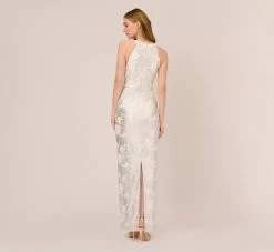 Adrianna Papell Foil Floral Embroidered Column Gown With Halter Neck In Ivory Silver -Adrianna Papell Shop AP1E210489 AJ170 Regular Back