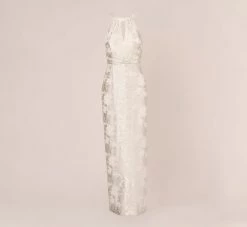 Adrianna Papell Foil Floral Embroidered Column Gown With Halter Neck In Ivory Silver -Adrianna Papell Shop AP1E210489 AJ170 Regular Flat