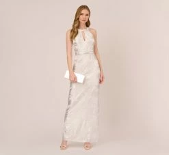 Adrianna Papell Foil Floral Embroidered Column Gown With Halter Neck In Ivory Silver