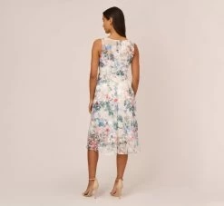Adrianna Papell Floral Printed Sleeveless Midi Dress With Sheer Details In Ivory Multi -Adrianna Papell Shop AP1E210491 AH170 Regular Back