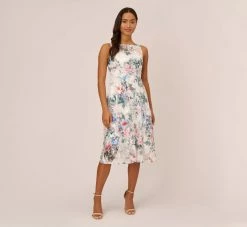 Adrianna Papell Floral Printed Sleeveless Midi Dress With Sheer Details In Ivory Multi