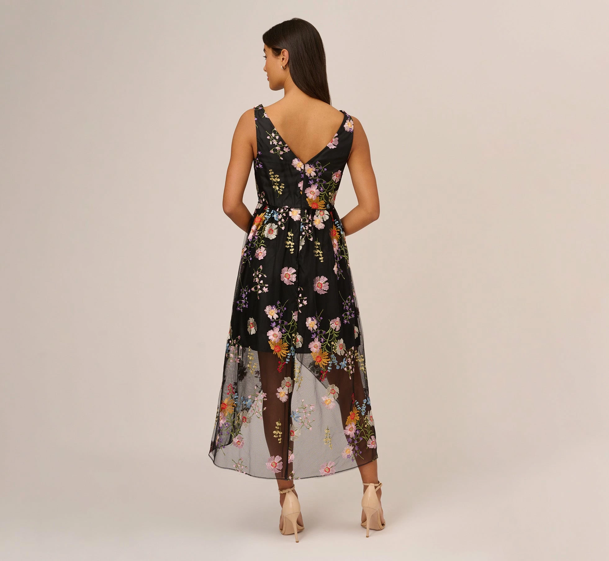 Adrianna Papell Floral Embroidered High Low Dress With Sheer Details In Black Multi 3 Adrianna Papell Floral Embroidered High Low Dress With Sheer Details In Black Multi - Image 3