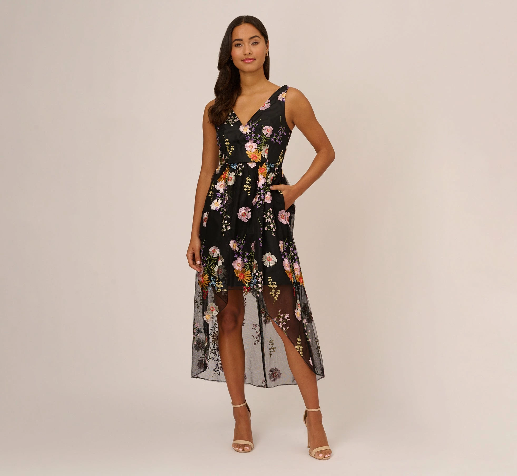 Adrianna Papell Floral Embroidered High Low Dress With Sheer Details In Black Multi 8 Adrianna Papell Floral Embroidered High Low Dress With Sheer Details In Black Multi - Image 8