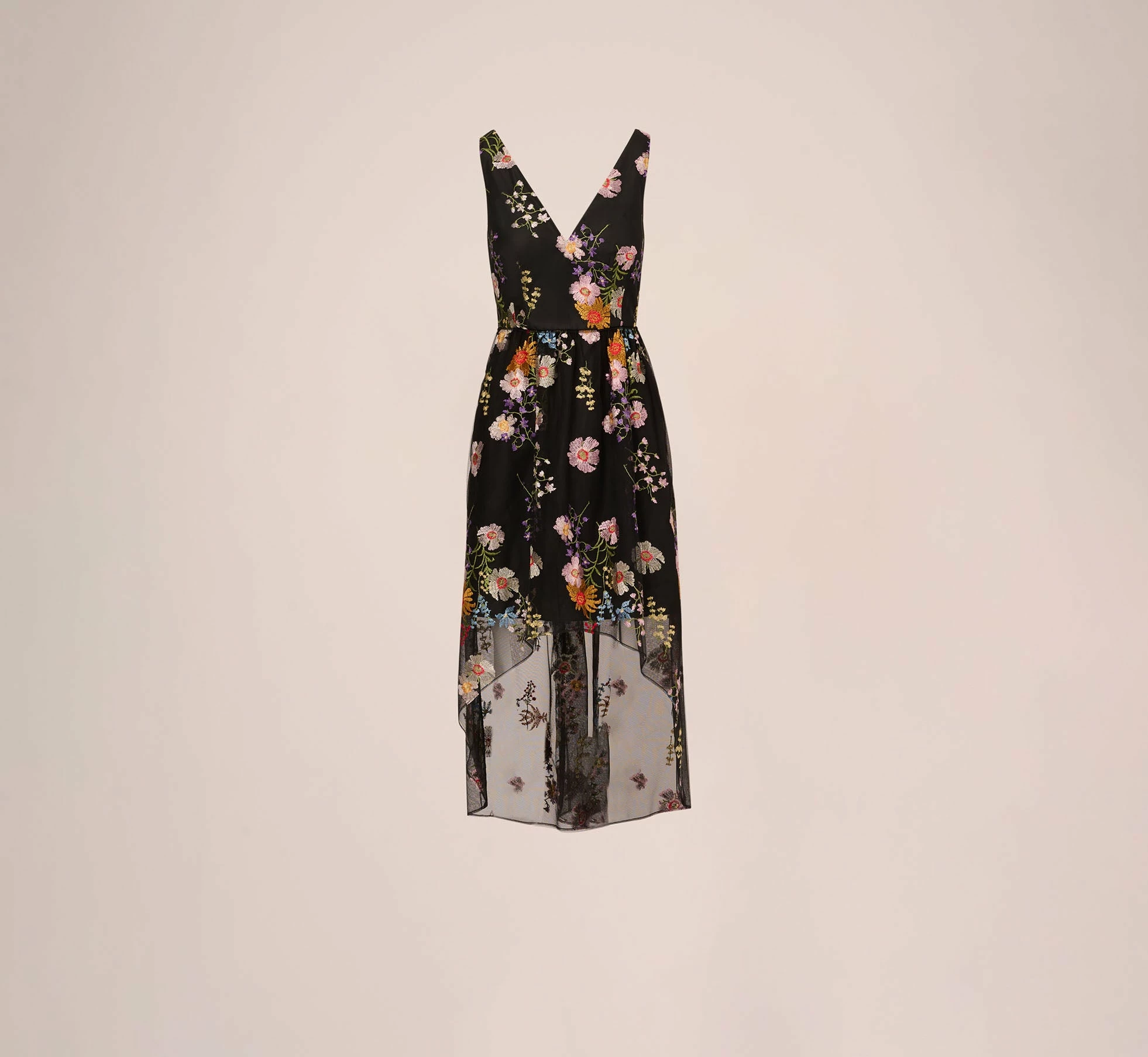 Adrianna Papell Floral Embroidered High Low Dress With Sheer Details In Black Multi 5 Adrianna Papell Floral Embroidered High Low Dress With Sheer Details In Black Multi - Image 5