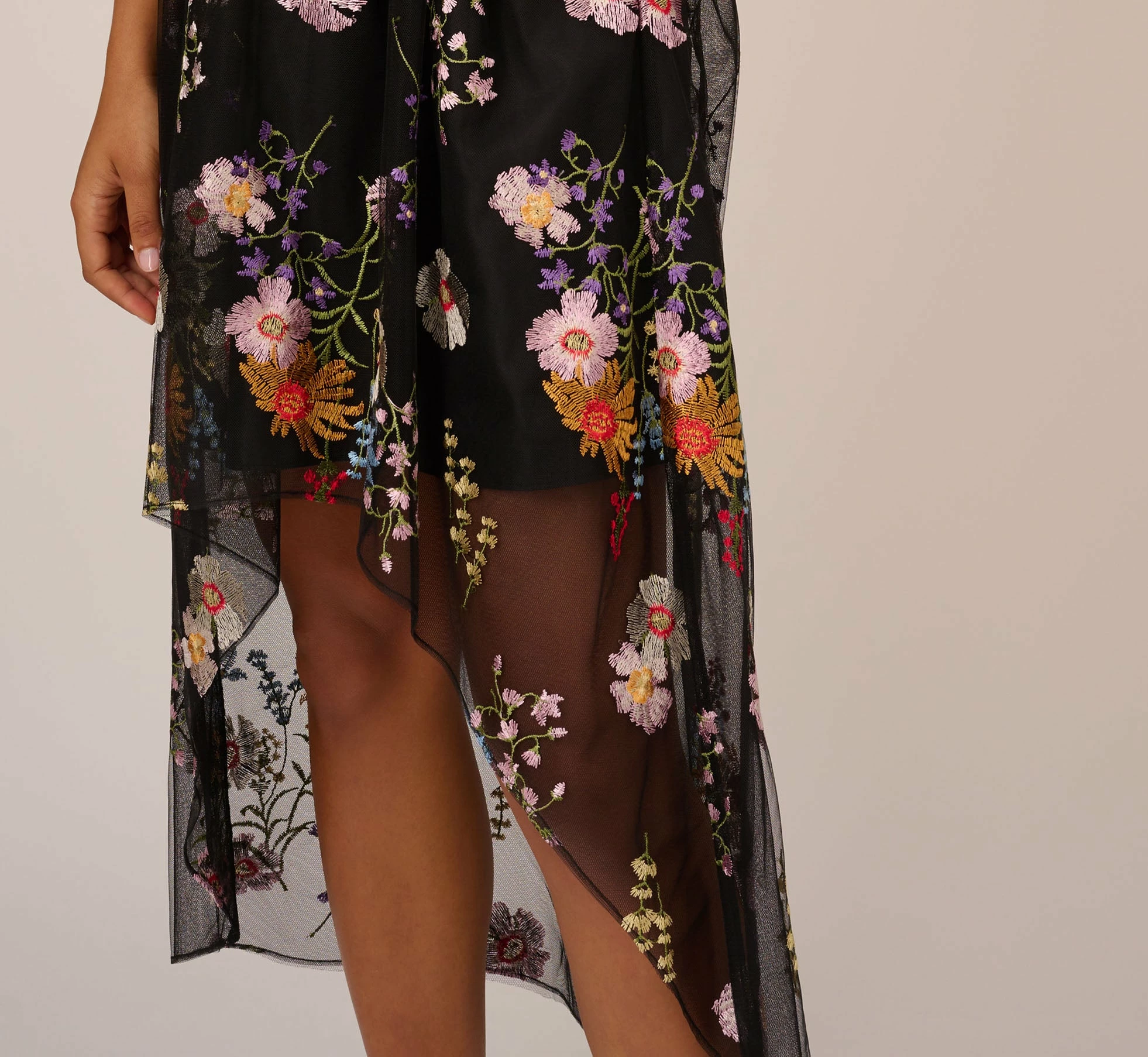 Adrianna Papell Floral Embroidered High Low Dress With Sheer Details In Black Multi 7 Adrianna Papell Floral Embroidered High Low Dress With Sheer Details In Black Multi - Image 7