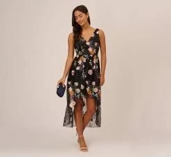 Adrianna Papell Floral Embroidered High Low Dress With Sheer Details In Black Multi