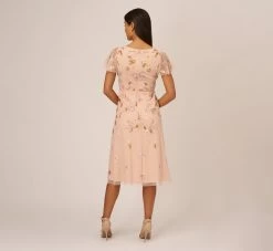 Adrianna Papell Floral Beaded Faux Wrap Dress With Sheer Flutter Sleeves In Blush Multi -Adrianna Papell Shop AP1E210498 AA246 Regular Back
