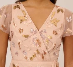 Adrianna Papell Floral Beaded Faux Wrap Dress With Sheer Flutter Sleeves In Blush Multi -Adrianna Papell Shop AP1E210498 AA246 Regular Detail