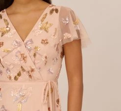 Adrianna Papell Floral Beaded Faux Wrap Dress With Sheer Flutter Sleeves In Blush Multi -Adrianna Papell Shop AP1E210498 AA246 Regular Lifestyle