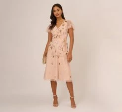 Adrianna Papell Floral Beaded Faux Wrap Dress With Sheer Flutter Sleeves In Blush Multi