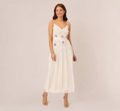 Adrianna Papell Ankle-Length Gown With Multicolor Floral Beading In Ivory Multi