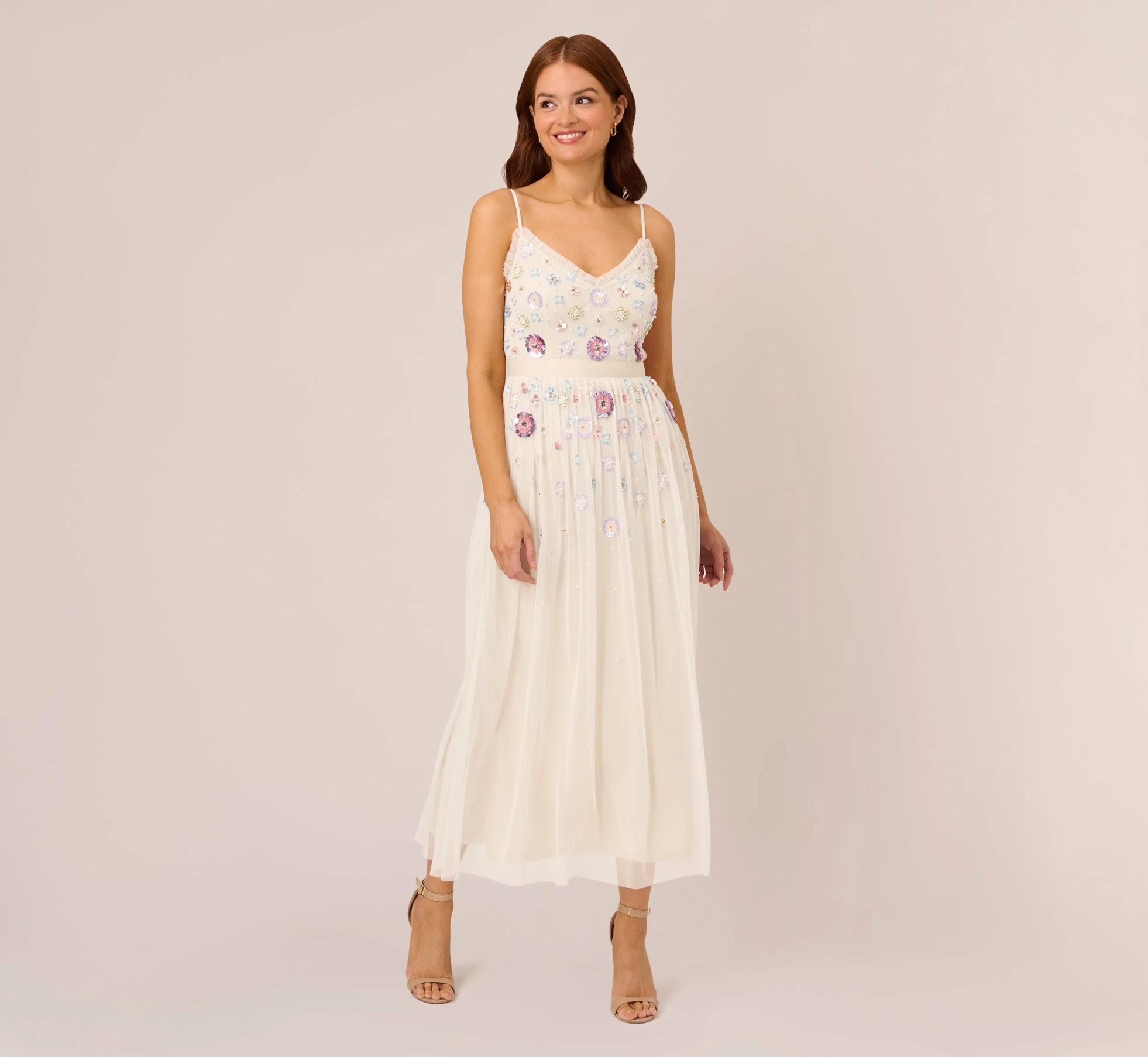 Adrianna Papell Ankle-Length Gown With Multicolor Floral Beading In Ivory Multi 1 Adrianna Papell Ankle-Length Gown With Multicolor Floral Beading In Ivory Multi