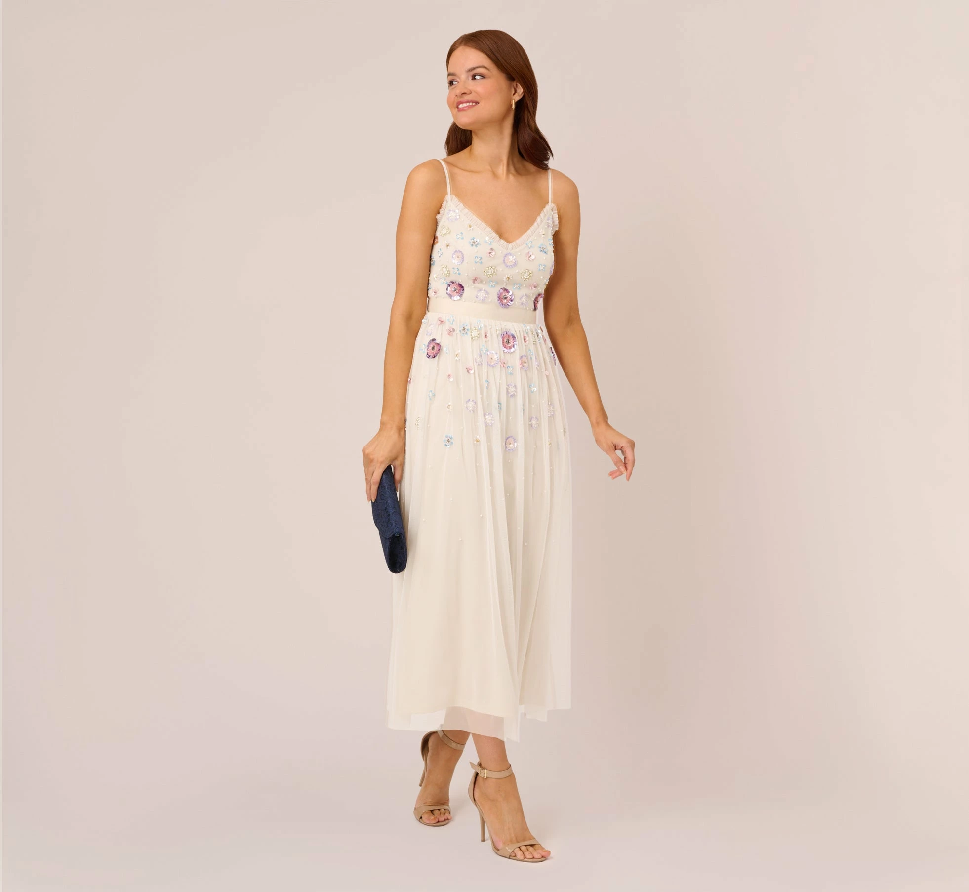 Adrianna Papell Ankle-Length Gown With Multicolor Floral Beading In Ivory Multi 2 Adrianna Papell Ankle-Length Gown With Multicolor Floral Beading In Ivory Multi - Image 2