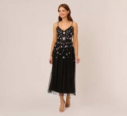 Adrianna Papell Ankle-Length Gown With Multicolor Floral Beading In Black Multi