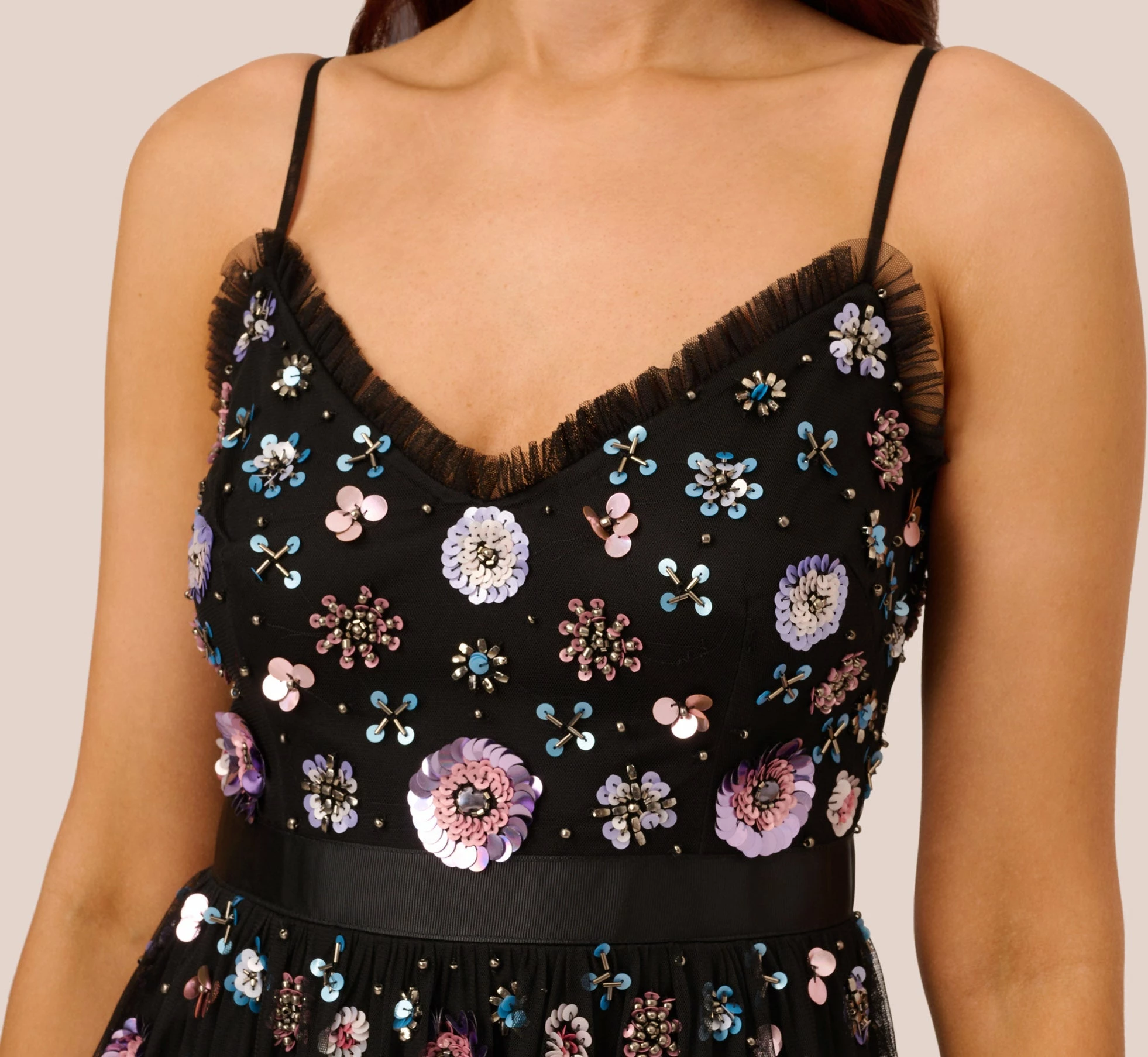 Adrianna Papell Ankle-Length Gown With Multicolor Floral Beading In Black Multi 4 Adrianna Papell Ankle-Length Gown With Multicolor Floral Beading In Black Multi - Image 4