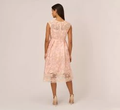 Adrianna Papell Embroidered Fit And Flare Midi Dress With Sheer Neckline In Apricot Ice -Adrianna Papell Shop AP1E210520 AL685 Regular Back
