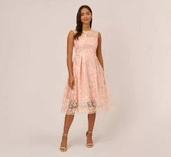 Adrianna Papell Embroidered Fit And Flare Midi Dress With Sheer Neckline In Apricot Ice