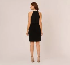 Adrianna Papell Jersey Blouson Dress With Pearl Mock Neck And Tie Waist In Black -Adrianna Papell Shop AP1E210524 AA002 Regular Back