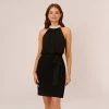 Adrianna Papell Jersey Blouson Dress With Pearl Mock Neck And Tie Waist In Black