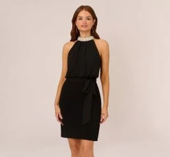 Adrianna Papell Jersey Blouson Dress With Pearl Mock Neck And Tie Waist In Black