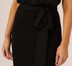 Adrianna Papell Jersey Blouson Dress With Pearl Mock Neck And Tie Waist In Black -Adrianna Papell Shop AP1E210524 AA002 Regular Detail