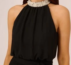 Adrianna Papell Jersey Blouson Dress With Pearl Mock Neck And Tie Waist In Black -Adrianna Papell Shop AP1E210524 AA002 Regular Lifestyle